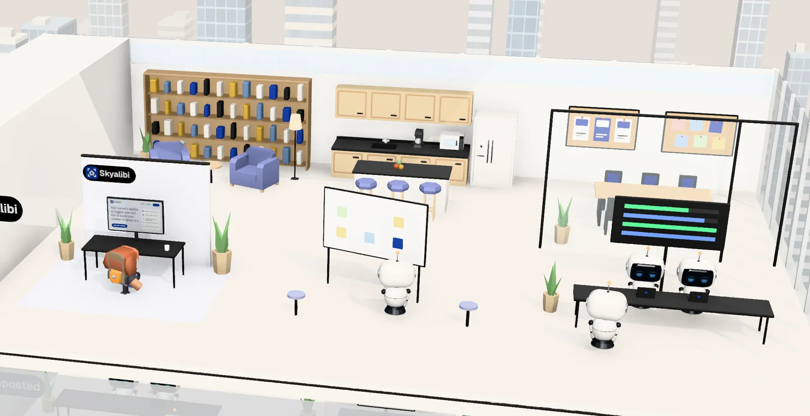 Skyalibi’s office on floor 5 of Tower 2: the owner’s desk with the website on screen, the agents’ bench, a meeting room and a library